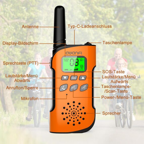 AWANFI Walkie Talkie Kinder 3er Set, Walkie Talkie Aufladbar mit Li-ion Akku, Funkgerät Set, 2-Wege-Radio mit VOX, Taschenlampe, Walky Talky Camping Abenteuer, Geschenk für Kinder de 3-12 Jahre
