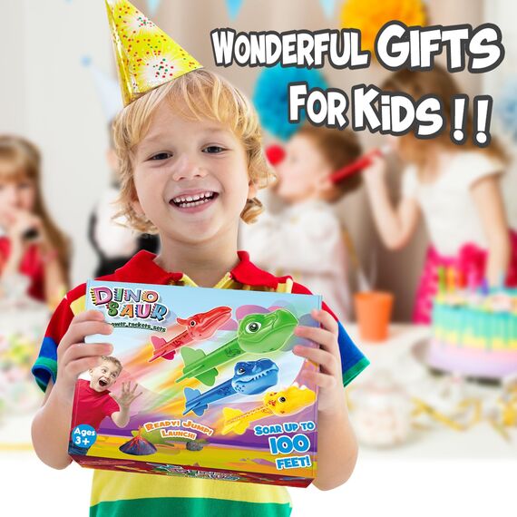 HappyKidsClub Raketen Spielzeug für Kinder mit 4 Dinosaurier Schaumstoffraketen, Spielzeug Oster Geschenke für Draußen ab 3-12 Jahre Junge, Outdoor Spiele für Kinder, Ideal für Garten und Park