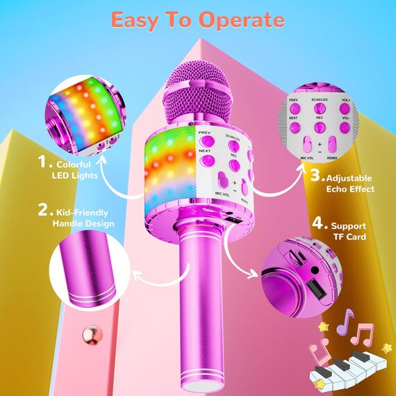 Magic Sing LED Karaoke Mikrofon Kinder, Drahtloses Bluetooth Spielzeug ab 3-12 Jahre Geschenk Mädchen KTV Lautsprecher mit Stimmenverzerrer, Heim KTV Karaoke Maschine für Android, iOS, PC(Lila)