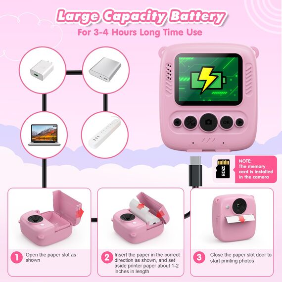 CalineGam Kinderkamera Sofortbildkamera, 48MP Sofortbildkamera Kinder mit 32GB Karte & Druckpapier, 1080P Digitalkamera Kinder, Geschenke für Jungen und Mädchen 3-12 Jahre (Rosa)