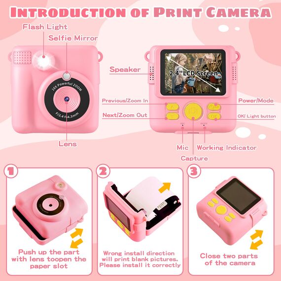 Kinderkamera, Sofortbildkamera Kinder,1080P Fotoapparat Kinderspielzeug mit 16x Digitalzoom, 32GB TF Karte,Druckpapier, Kinder Kamera für Geschenk für Mädchen 3-12 Jahre