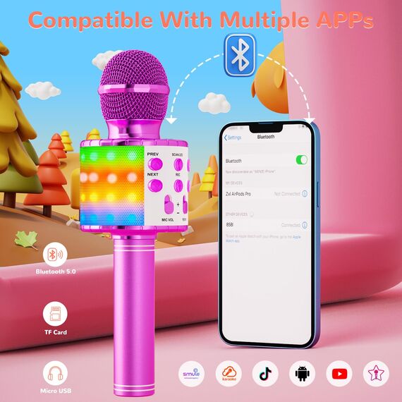 Magic Sing LED Karaoke Mikrofon Kinder, Drahtloses Bluetooth Spielzeug ab 3-12 Jahre Geschenk Mädchen KTV Lautsprecher mit Stimmenverzerrer, Heim KTV Karaoke Maschine für Android, iOS, PC(Lila)