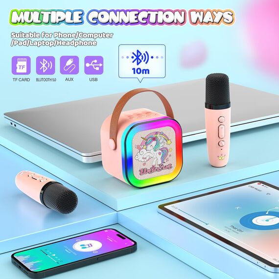 Dislocati Karaoke Maschine mit 2 Bluetooth Karaoke Mikrofon, Einhorn Geschenk Spielzeug für Mädchen 3-12 Jahre Tragbarer Lautsprecher mit LED-Lichtern, Ideal für Familienfeiern, Partys & Outdoor