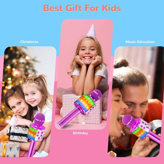 Magic Sing LED Karaoke Mikrofon Kinder, Drahtloses Bluetooth Spielzeug ab 3-12 Jahre Geschenk Mädchen KTV Lautsprecher mit Stimmenverzerrer, Heim KTV Karaoke Maschine für Android, iOS, PC(Lila)