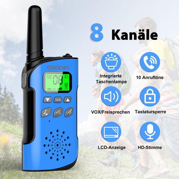 AWANFI Walkie Talkie Kinder 3er Set, Walkie Talkie Aufladbar mit Li-ion Akku, Funkgerät Set mit VOX und Taschenlampe, Walky Talky Camping Abenteuer, Geschenk für Kinder de 3-12 Jahre