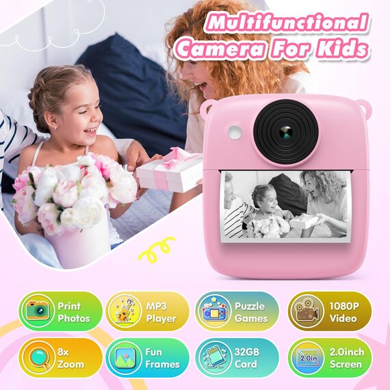 CalineGam Kinderkamera Sofortbildkamera, 48MP Sofortbildkamera Kinder mit 32GB Karte & Druckpapier, 1080P Digitalkamera Kinder, Geschenke für Jungen und Mädchen 3-12 Jahre (Rosa)