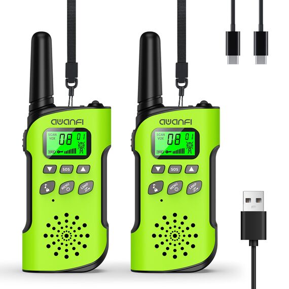AWANFI Walkie Talkie Kinder, 3-12 Jahre, Walkie Talkie Aufladbar mit Li-ion Akku, Funkgerät Set, Walky Talky mit VOX, LCD Taschenlampe, Tastensperre, Walki Talki für Geschenk Camping Abenteuer