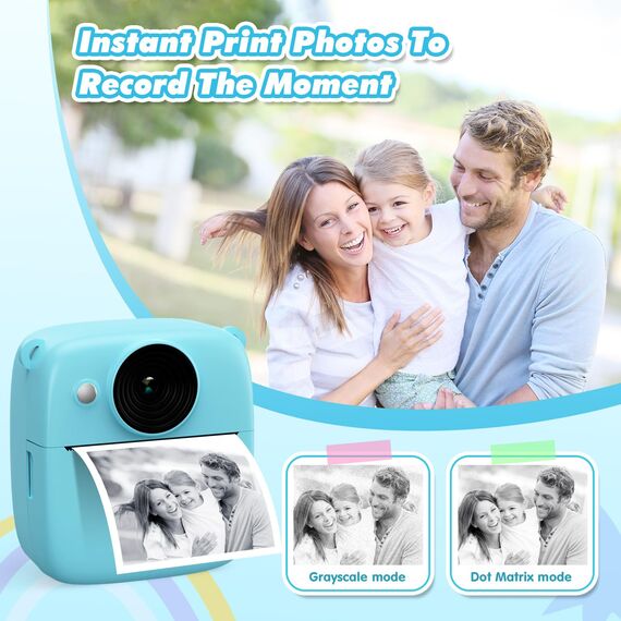 CalineGam Kinderkamera Sofortbildkamera, 48MP Sofortbildkamera Kinder mit 32GB Karte & Druckpapier, 1080P Digitalkamera Kinder, Geschenke für Jungen und Mädchen 3-12 Jahre (Blau)