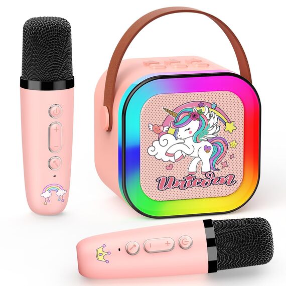 Dislocati Karaoke Maschine mit 2 Bluetooth Karaoke Mikrofon, Einhorn Geschenk Spielzeug für Mädchen 3-12 Jahre Tragbarer Lautsprecher mit LED-Lichtern, Ideal für Familienfeiern, Partys & Outdoor
