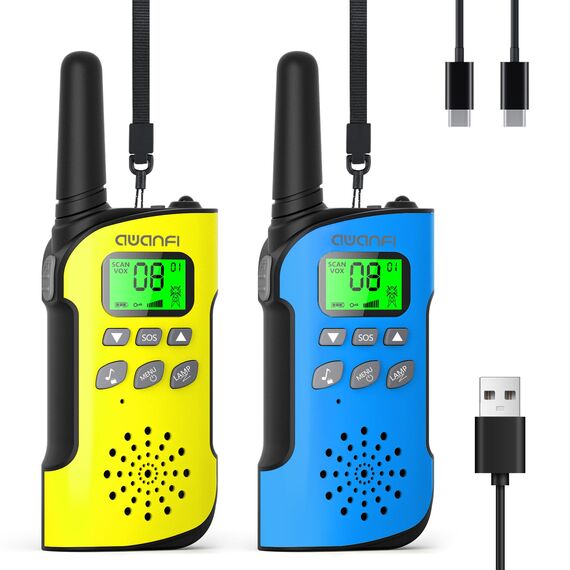 AWANFI Walkie Talkie Kinder, Walkie Talkie Aufladbar mit Akku, Walki Talki mit VOX, Taschenlampe, Tastensperre, Funkgeräte Set, Walky Talky für Camping Abenteuer, Geschenk für Kinder de 3-12 Jahre
