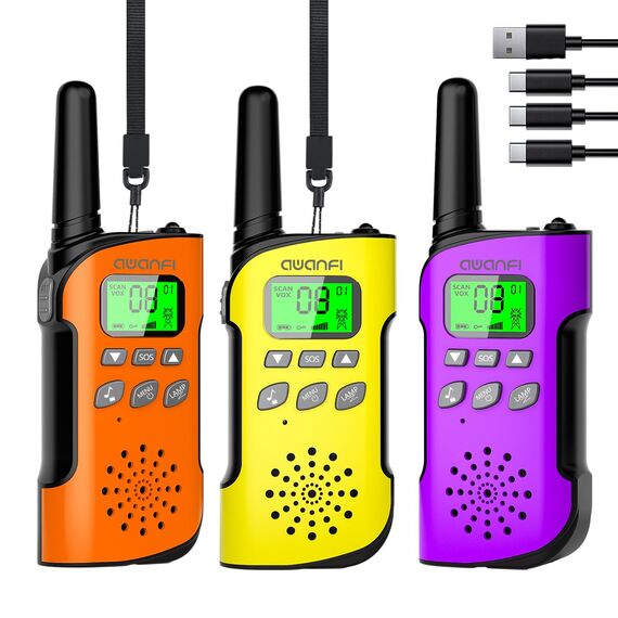 AWANFI Walkie Talkie Kinder 3er Set, Walkie Talkie Aufladbar mit Li-ion Akku, Funkgerät Set, 2-Wege-Radio mit VOX, Taschenlampe, Walky Talky Camping Abenteuer, Geschenk für Kinder de 3-12 Jahre
