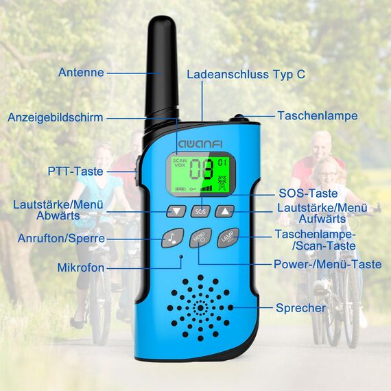 AWANFI Walkie Talkie Kinder 3er Set, Walkie Talkie Aufladbar mit Li-ion Akku, Funkgerät Set mit VOX und Taschenlampe, Walky Talky Camping Abenteuer, Geschenk für Kinder de 3-12 Jahre