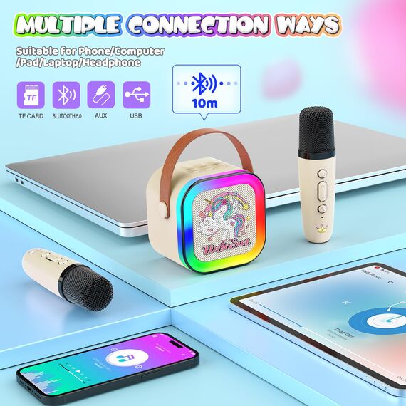 Dislocati Einhorn Geschenk Spielzeug für Mädchen 3-12 Jahre, Karaoke Maschine Kinder mit 2 Bluetooth Karaoke Mikrofon Tragbarer Lautsprecher mit LED-Lichtern Ideal für Familienfeiern & Outdoor