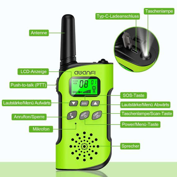 AWANFI Walkie Talkie Kinder, 3-12 Jahre, Walkie Talkie Aufladbar mit Li-ion Akku, Funkgerät Set, Walky Talky mit VOX, LCD Taschenlampe, Tastensperre, Walki Talki für Geschenk Camping Abenteuer