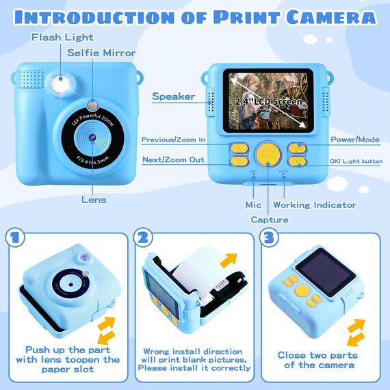 CHRERNA KinderKamera, Sofortbildkamera Kinder Geschenke für 3-12 Jahre Jungen und mädchen,1080P HD 2.4 Zoll Video Kinder Kamera mit 32GB TF Karte,Druckpapier(Blau)