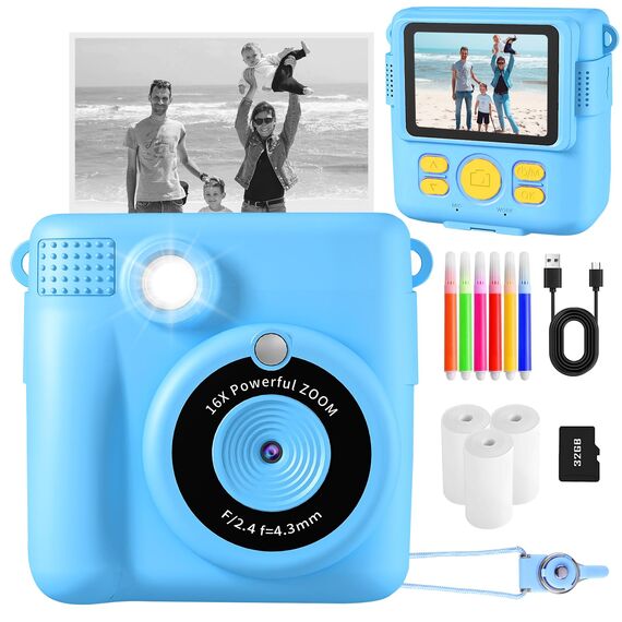 CHRERNA KinderKamera, Sofortbildkamera Kinder Geschenke für 3-12 Jahre Jungen und mädchen,1080P HD 2.4 Zoll Video Kinder Kamera mit 32GB TF Karte,Druckpapier(Blau)