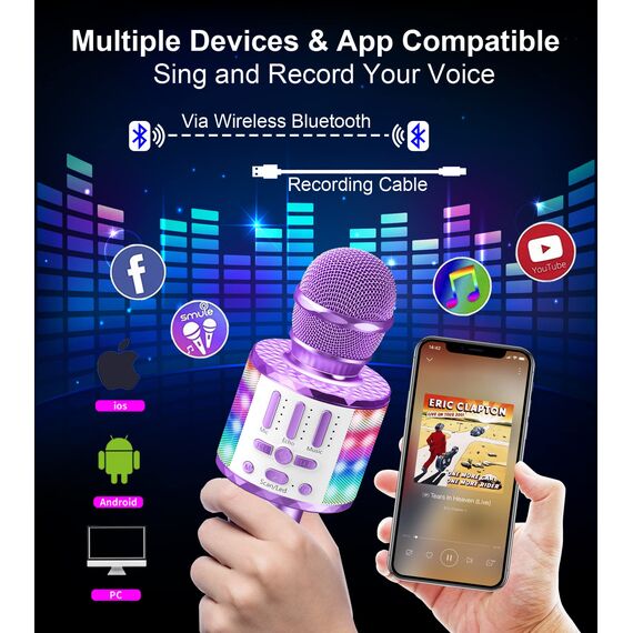 Karaoke Mikrofon, LED Drahtloses Bluetooth Mikrofon zum Singen mit Lautsprecher, Karaoke Spielzeug Kinder, Heim KTV Karaoke Maschine, Tragbares KTV Lautsprecher Recorder für Android/iPhone/iPad/PC
