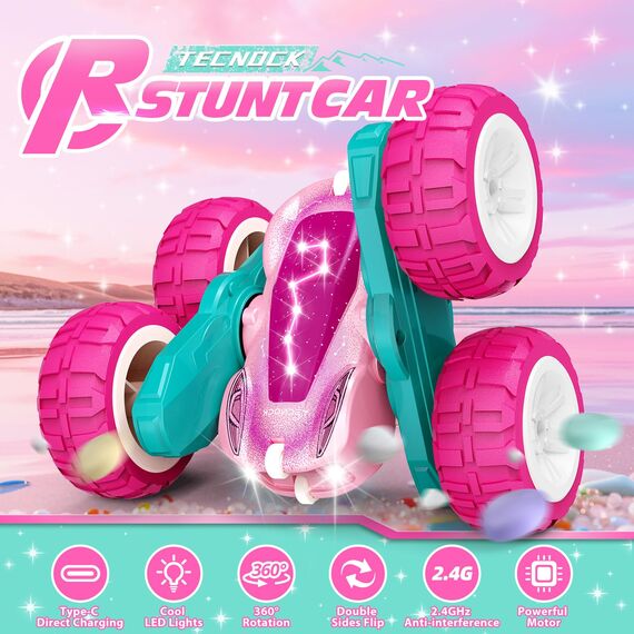 Tecnock 2025 Ferngesteuertes Auto mit 2.4 Ghz Fernbedienung 360°Flip Stunts Rc Auto Monstertruck mit Buntes Licht ab 6-12 Jahre Outdoor Spielzeug Geschenk für Junge Kinder