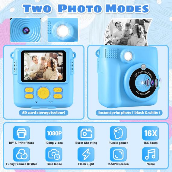 CHRERNA KinderKamera, Sofortbildkamera Kinder Geschenke für 3-12 Jahre Jungen und mädchen,1080P HD 2.4 Zoll Video Kinder Kamera mit 32GB TF Karte,Druckpapier(Blau)