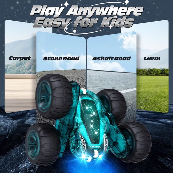 Tecnock 2026 Ferngesteuertes Auto mit 2.4 Ghz Fernbedienung 360°Flip Stunts Rc Auto Monstertruck mit Buntes Licht ab 6-12 Jahre Outdoor Spielzeug Geschenk für Junge Kinder