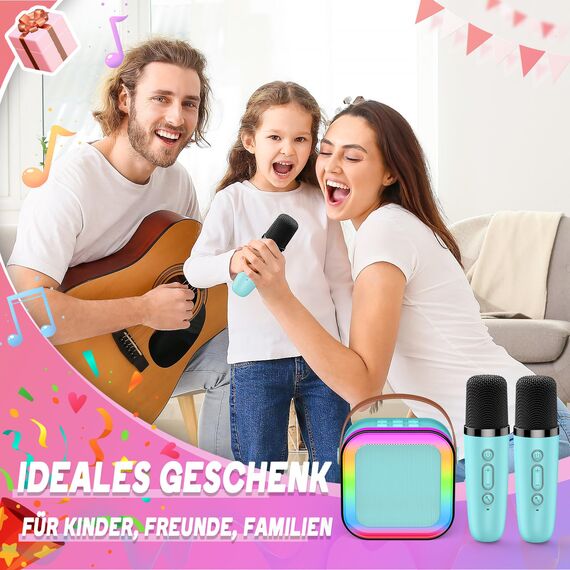Dislocati Karaoke Maschine mit 2 Karaoke Mikrofon Bluetooth, Geschenk Spielzeug Junge 3-12 Jahre, Tragbarer Mini Karaoke Set mit DSP & LED-Lichtern, Kinder und Erwachsene