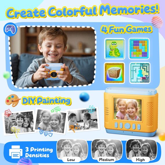 CalineGam Kinderkamera Sofortbildkamera, 1080P HD Sofortbildkamera Kinder mit 32GB Karte, 2,4 Zoll Digitalkamera Kinder, Kinderspielzeug Geschenke für Jungen und Mädchen 3-12 Jahre (Blau)