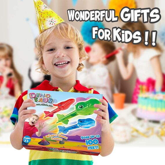 HappyKidsClub Raketen Spielzeug für Kinder mit 3 Dinosaurier Schaumstoffraketen, Outdoor Spielzeug ab 3-12 Jahre Junge, Spiele für Draußen Garten und Park Ostern Geburtstag