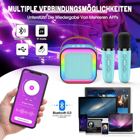 Dislocati Karaoke Maschine mit 2 Karaoke Mikrofon Bluetooth, Geschenk Spielzeug Junge 3-12 Jahre, Tragbarer Mini Karaoke Set mit DSP & LED-Lichtern, Kinder und Erwachsene