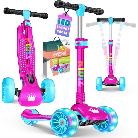 KIDIZ® Roller Kinder Scooter X-Pro2 Dreiradscooter mit PU LED Leuchtenden Räder Kinderroller faltbar Tret-Roller höhenverstellbarer Cityroller Kinderscooter für Jungen Mädchen 3-12 Jahre, Pink