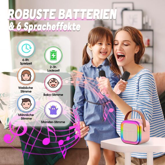 Dislocati Karaoke Maschine mit 2 Mikrofon Kinder Bluetooth, Geschenk Spielzeug Mädchen 3-12 Jahre, Tragbarer Karaoke Mikrofon Set mit DSP & LED-Lichtern Ideale für Familie, Freunde und Kinder