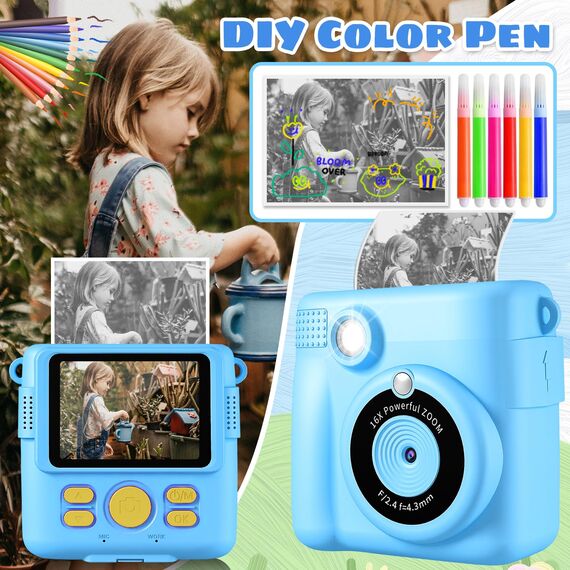 CHRERNA KinderKamera, Sofortbildkamera Kinder Geschenke für 3-12 Jahre Jungen und mädchen,1080P HD 2.4 Zoll Video Kinder Kamera mit 32GB TF Karte,Druckpapier(Blau)
