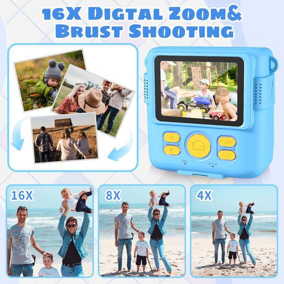 CHRERNA KinderKamera, Sofortbildkamera Kinder Geschenke für 3-12 Jahre Jungen und mädchen,1080P HD 2.4 Zoll Video Kinder Kamera mit 32GB TF Karte,Druckpapier(Blau)