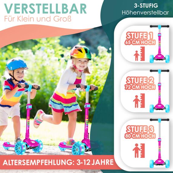 KIDIZ® Roller Kinder Scooter X-Pro2 Dreiradscooter mit PU LED Leuchtenden Räder Kinderroller faltbar Tret-Roller höhenverstellbarer Cityroller Kinderscooter für Jungen Mädchen 3-12 Jahre, Pink