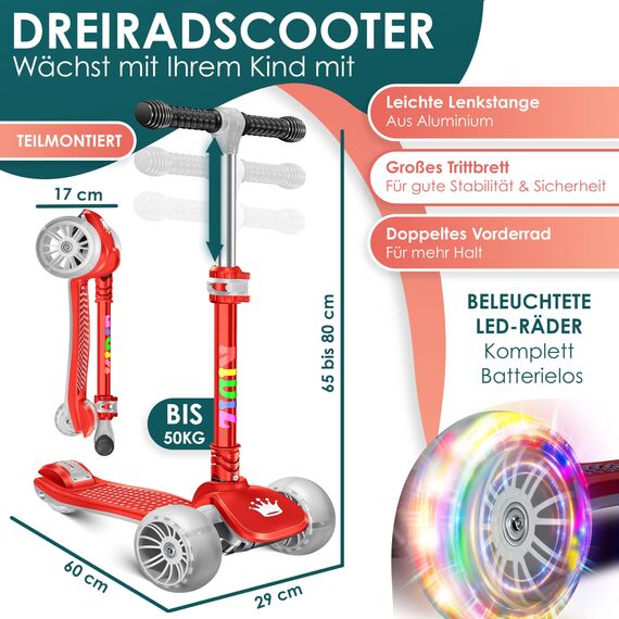 KIDIZ® Roller Kinder Scooter X-Pro2 Dreiradscooter mit PU LED Leuchtenden Räder Kinderroller faltbar Tret-Roller höhenverstellbarer Cityroller Kinderscooter für Jungen Mädchen 3-12 Jahre, Rot