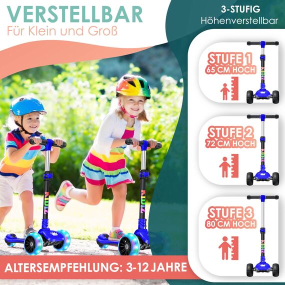 KIDIZ® Roller Kinder Scooter X-Pro2 Dreiradscooter mit PU LED Leuchtenden Räder Kinderroller faltbar Tret-Roller höhenverstellbarer Cityroller Kinderscooter für Jungen Mädchen 3-12 Jahre, Schwarz/Blau