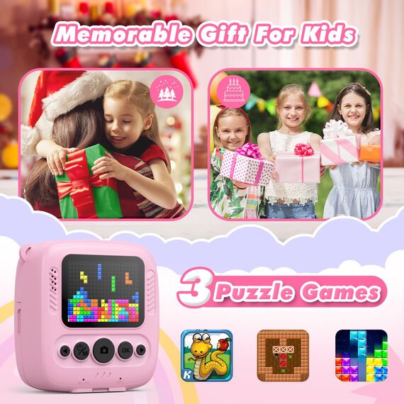 CalineGam Kinderkamera Sofortbildkamera, 48MP Sofortbildkamera Kinder mit 32GB Karte & Druckpapier, 1080P Digitalkamera Kinder, Geschenke für Jungen und Mädchen 3-12 Jahre (Rosa)