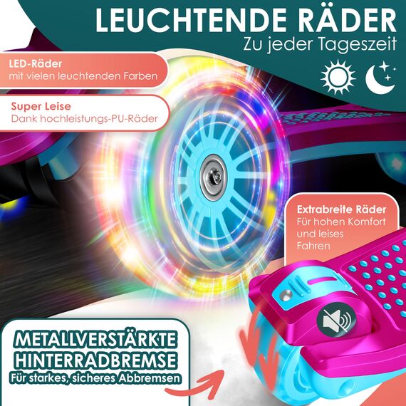KIDIZ® Roller Kinder Scooter X-Pro2 Dreiradscooter mit PU LED Leuchtenden Räder Kinderroller faltbar Tret-Roller höhenverstellbarer Cityroller Kinderscooter für Jungen Mädchen 3-12 Jahre, Pink