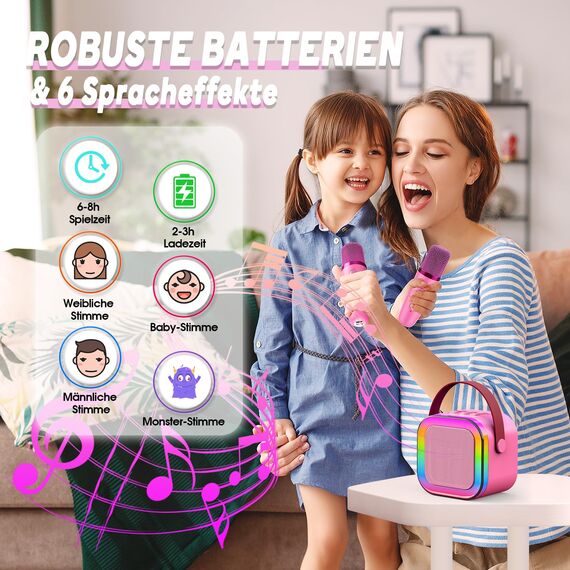Dislocati Karaoke Maschine Kinder mit 2 Karaoke Mikrofon Bluetooth, Mädchen Geschenke Spielzeug für 3-12 Jahre, Tragbarer Lautsprecher mit LED-Lichtern, Ideal für Familienfeiern und Freundestreffen