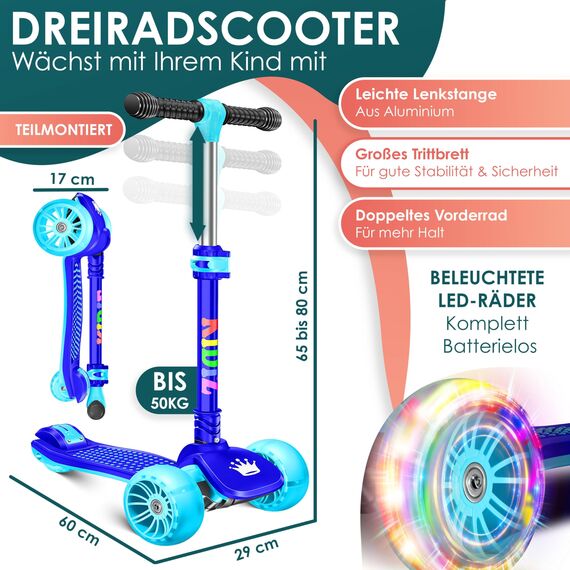KIDIZ® Roller Kinder Scooter X-Pro2 Dreiradscooter mit PU LED Leuchtenden Räder Kinderroller faltbar Tret-Roller höhenverstellbarer Cityroller Kinderscooter für Jungen Mädchen 3-12 Jahre, Blau
