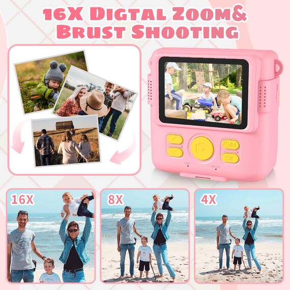 Kinderkamera, Sofortbildkamera Kinder,1080P Fotoapparat Kinderspielzeug mit 16x Digitalzoom, 32GB TF Karte,Druckpapier, Kinder Kamera für Geschenk für Mädchen 3-12 Jahre