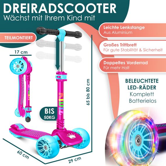 KIDIZ® Roller Kinder Scooter X-Pro2 Dreiradscooter mit PU LED Leuchtenden Räder Kinderroller faltbar Tret-Roller höhenverstellbarer Cityroller Kinderscooter für Jungen Mädchen 3-12 Jahre, Pink