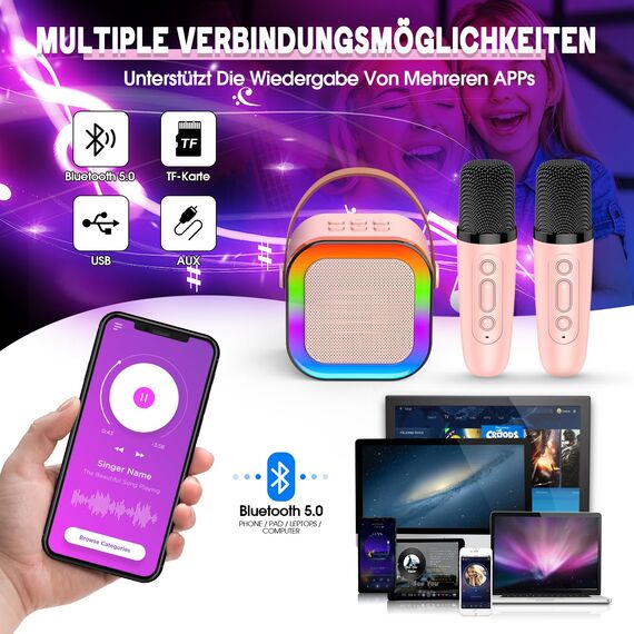Dislocati Karaoke Maschine mit 2 Mikrofon Kinder Bluetooth, Geschenk Spielzeug Mädchen 3-12 Jahre, Tragbarer Karaoke Mikrofon Set mit DSP & LED-Lichtern Ideale für Familie, Freunde und Kinder