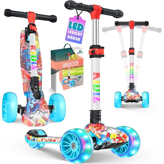 KIDIZ® Roller Kinder Scooter X-Pro2 Dreiradscooter mit PU LED Leuchtenden Räder Kinderroller faltbar Tret-Roller höhenverstellbarer Cityroller Kinderscooter für Jungen Mädchen 3-12 Jahre, Graffiti