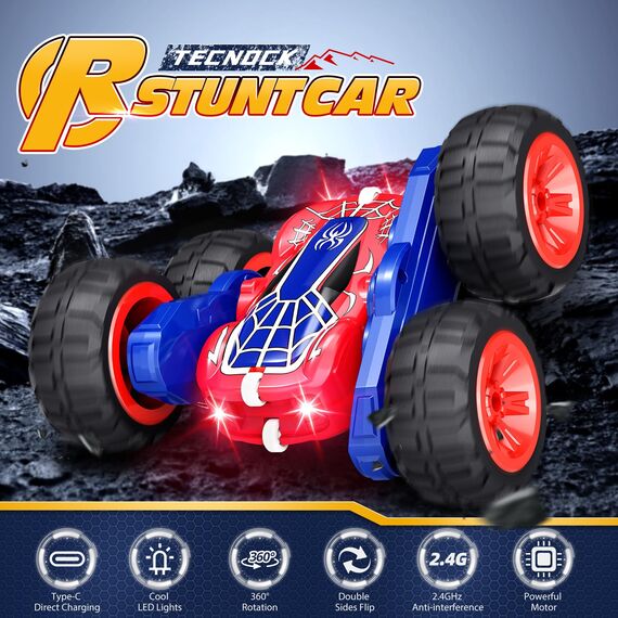 Tecnock 2025 Ferngesteuertes Auto mit 2.4 Ghz Fernbedienung 360°Flip Stunts Rc Auto Monstertruck mit Buntes Licht ab 6-12 Jahre Outdoor Spielzeug Geschenk für Junge Kinder