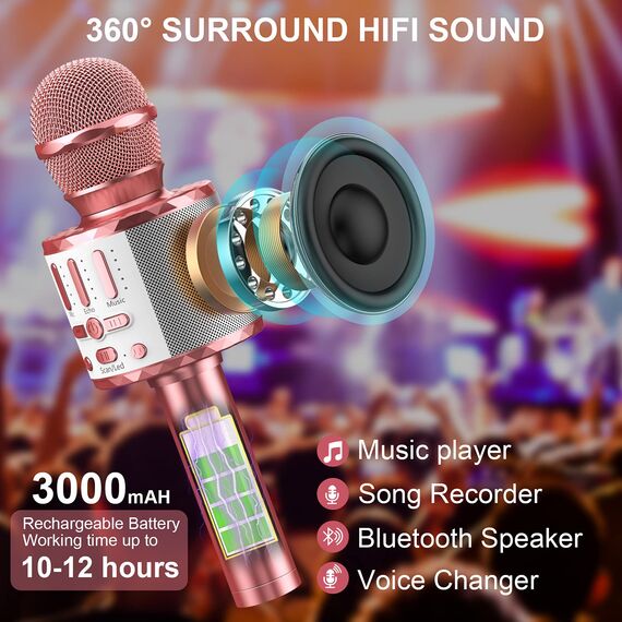Karaoke Mikrofon, LED Drahtloses Bluetooth Mikrofon zum Singen mit Lautsprecher, Karaoke Spielzeug Kinder, Heim KTV Karaoke Maschine, Tragbares KTV Lautsprecher Recorder für Android/iPhone/iPad/PC