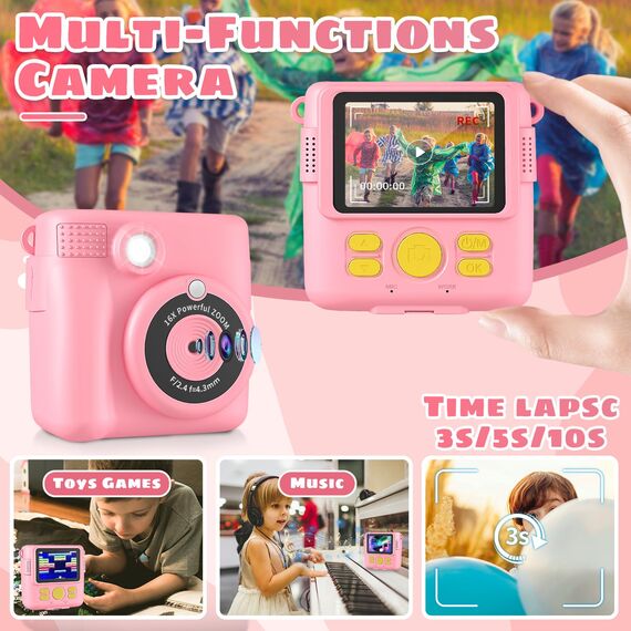 Kinderkamera, Sofortbildkamera Kinder,1080P Fotoapparat Kinderspielzeug mit 16x Digitalzoom, 32GB TF Karte,Druckpapier, Kinder Kamera für Geschenk für Mädchen 3-12 Jahre