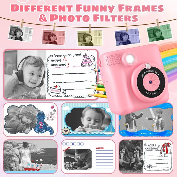 Kinderkamera, Sofortbildkamera Kinder,1080P Fotoapparat Kinderspielzeug mit 16x Digitalzoom, 32GB TF Karte,Druckpapier, Kinder Kamera für Geschenk für Mädchen 3-12 Jahre