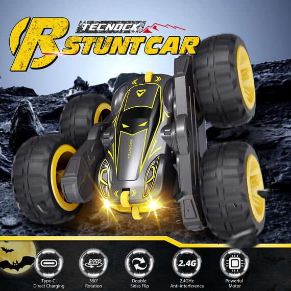 Tecnock 2025 Ferngesteuertes Auto mit 2.4 Ghz Fernbedienung 360°Flip Stunts Rc Auto Monstertruck mit Buntes Licht ab 6-12 Jahre Outdoor Spielzeug Geschenk für Junge Kinder