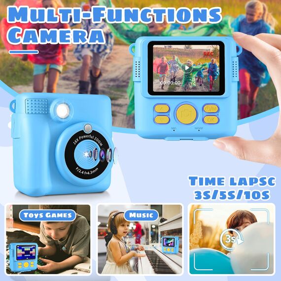 CHRERNA KinderKamera, Sofortbildkamera Kinder Geschenke für 3-12 Jahre Jungen und mädchen,1080P HD 2.4 Zoll Video Kinder Kamera mit 32GB TF Karte,Druckpapier(Blau)