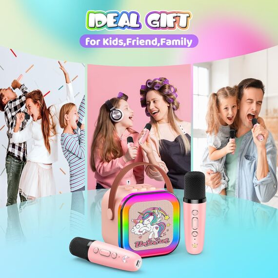 Dislocati Karaoke Maschine mit 2 Bluetooth Karaoke Mikrofon, Einhorn Geschenk Spielzeug für Mädchen 3-12 Jahre Tragbarer Lautsprecher mit LED-Lichtern, Ideal für Familienfeiern, Partys & Outdoor